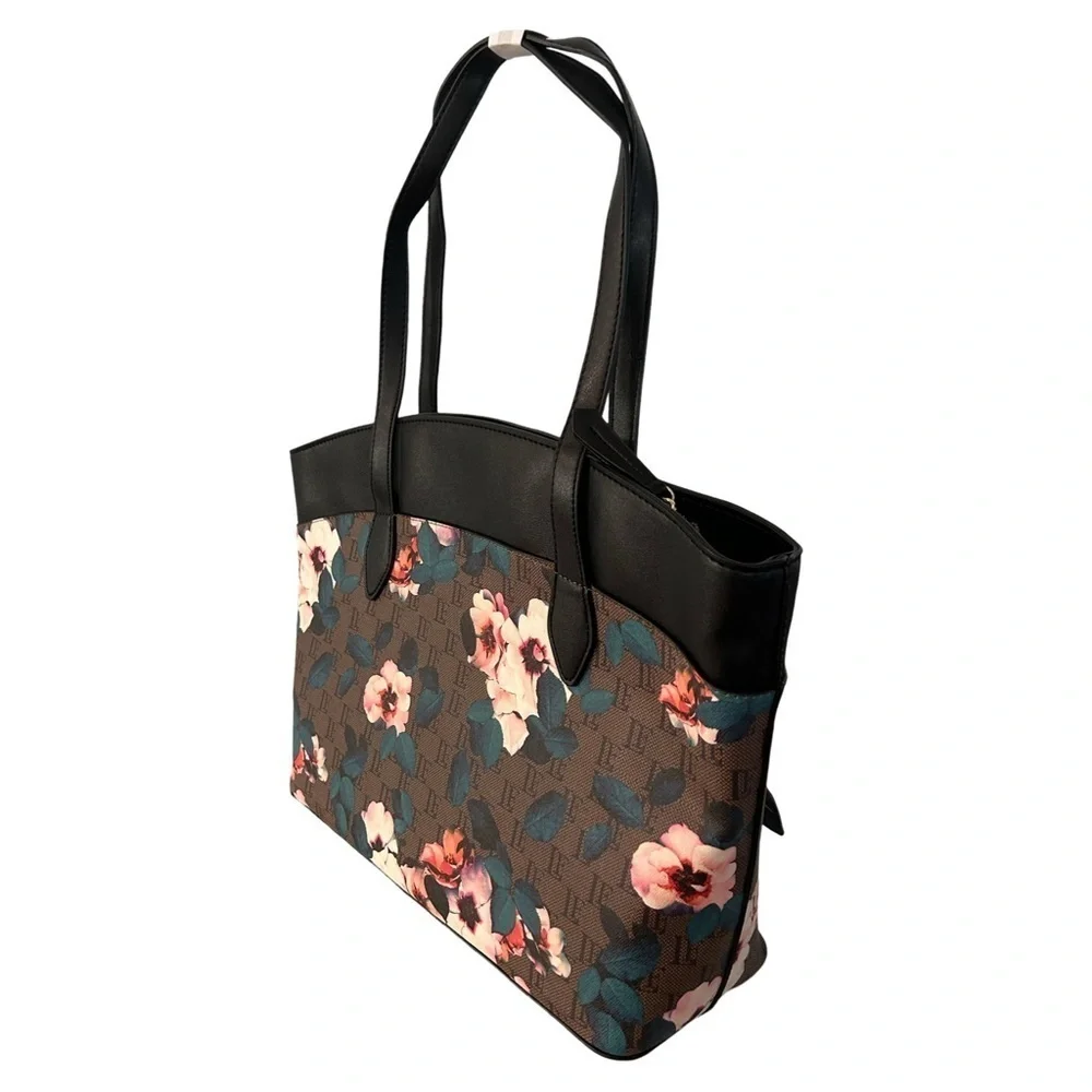 London Fog Floral Logo Tote Bag Brown Black Gold Large Shoulder Handbag